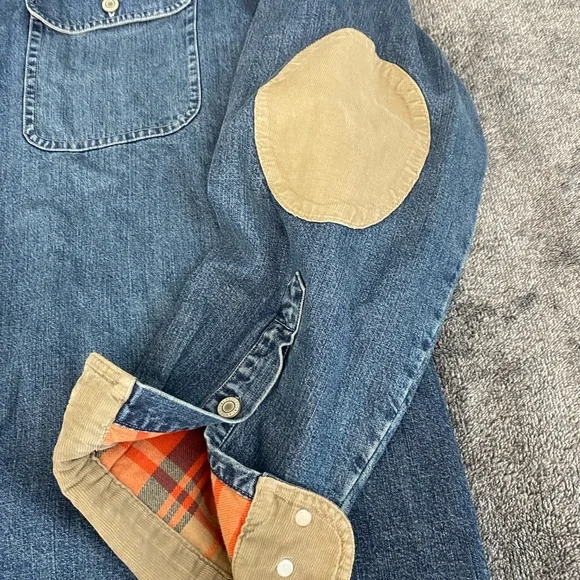 Lands' End Denim Shacket with Orange Plaid Lining - Picture 3 of 9